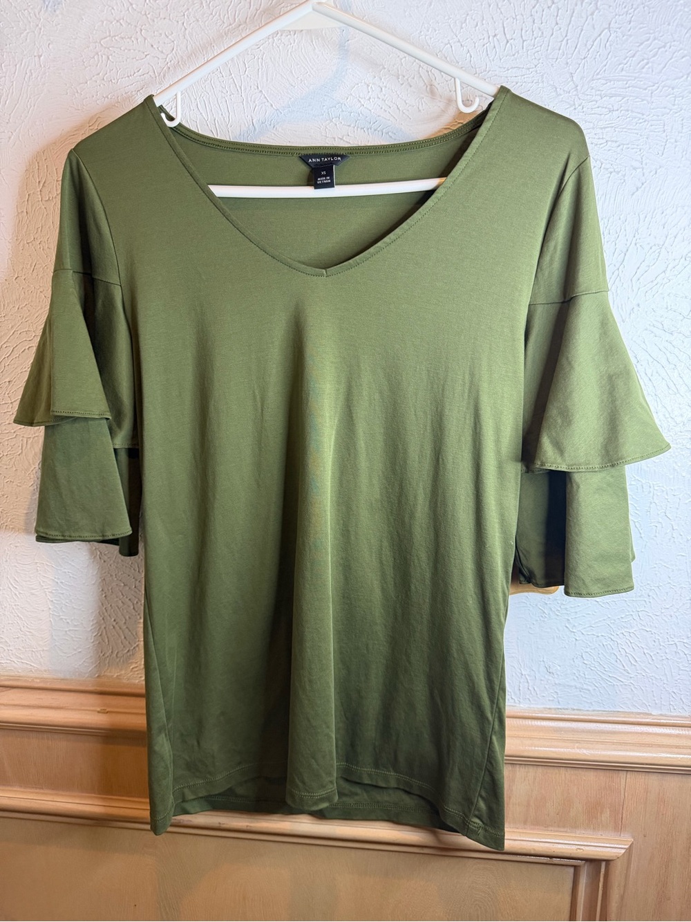 Ann Taylor Olive Green Ruffle Sleeve V-Neck Top